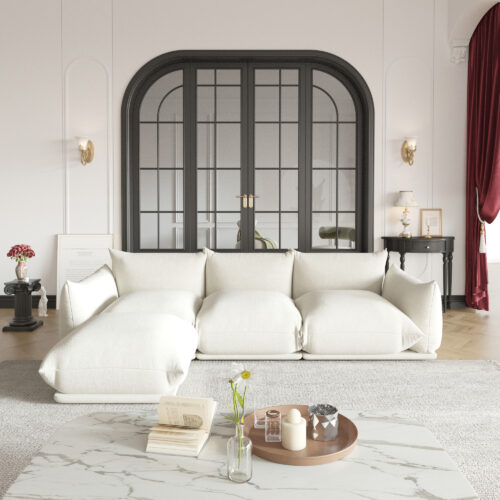 Chenille L-Shaped Modular Sofa with Ottoman – Soft Upholstery + Ground-Hugging Lazy Style, Relaxed Vibe Living Room Sofa