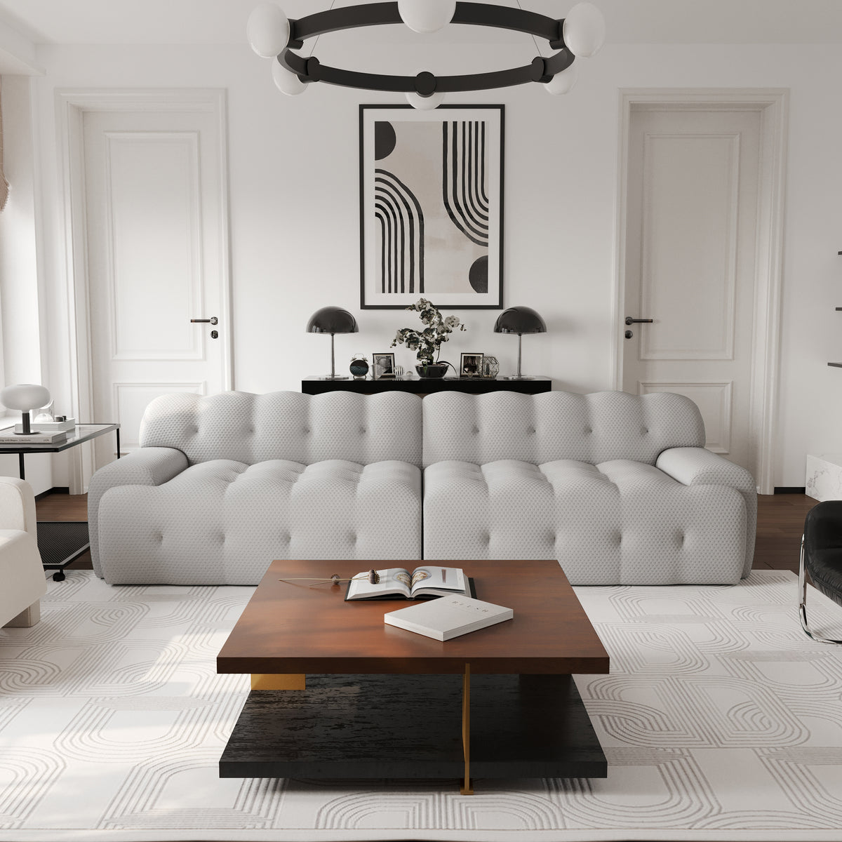 Extended Plump Modular Sofa – 3D Textured Knit Fabric + Button Quilting, Light Luxury Lazy Vibe Living Room Sofa