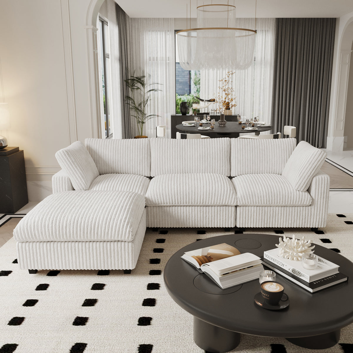 L-Shaped Corduroy Modular Sofa with Ottoman – Cream White Ribbed Fabric, Sectional Sofa for Living Room