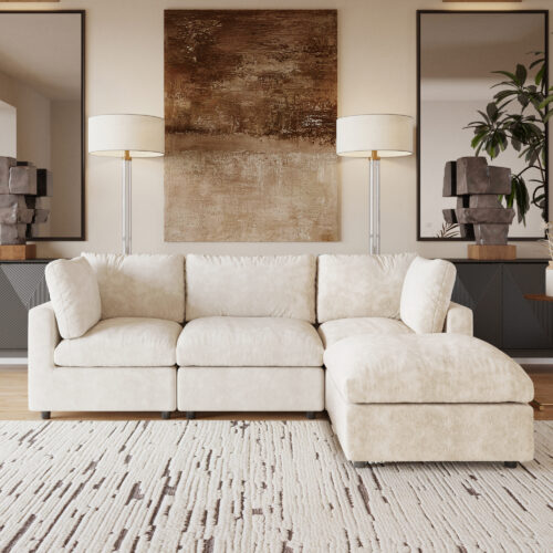 Modular Sofa with Ottoman – Chenille & Linen-Cotton Blend Fabric (4-Color Options), Sectional Sofa for Living Room