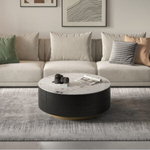 Fluted Round Coffee Table with Sintered Stone Top & Double Storage Drawers – 2 Color Options (White/Black)