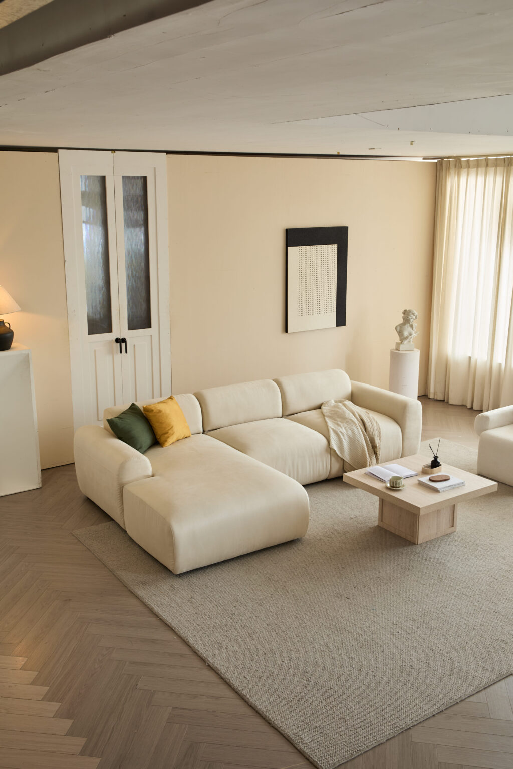 L-Shaped Sectional Sofa - Beige Cloud Sofa, Fixed Chaise Lounge, Oversized Deep Seat Couch