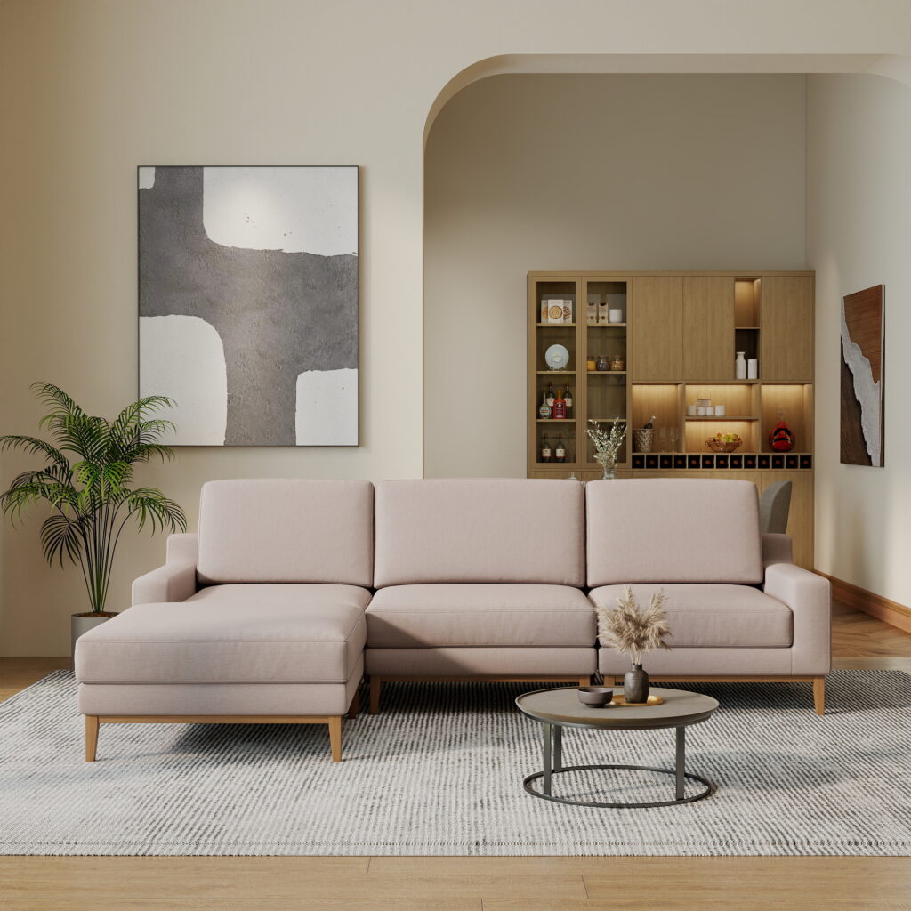 L-Shaped Linen-Look Sectional Sofa with Solid Wood Legs, Modular Chaise Couch for Living Room