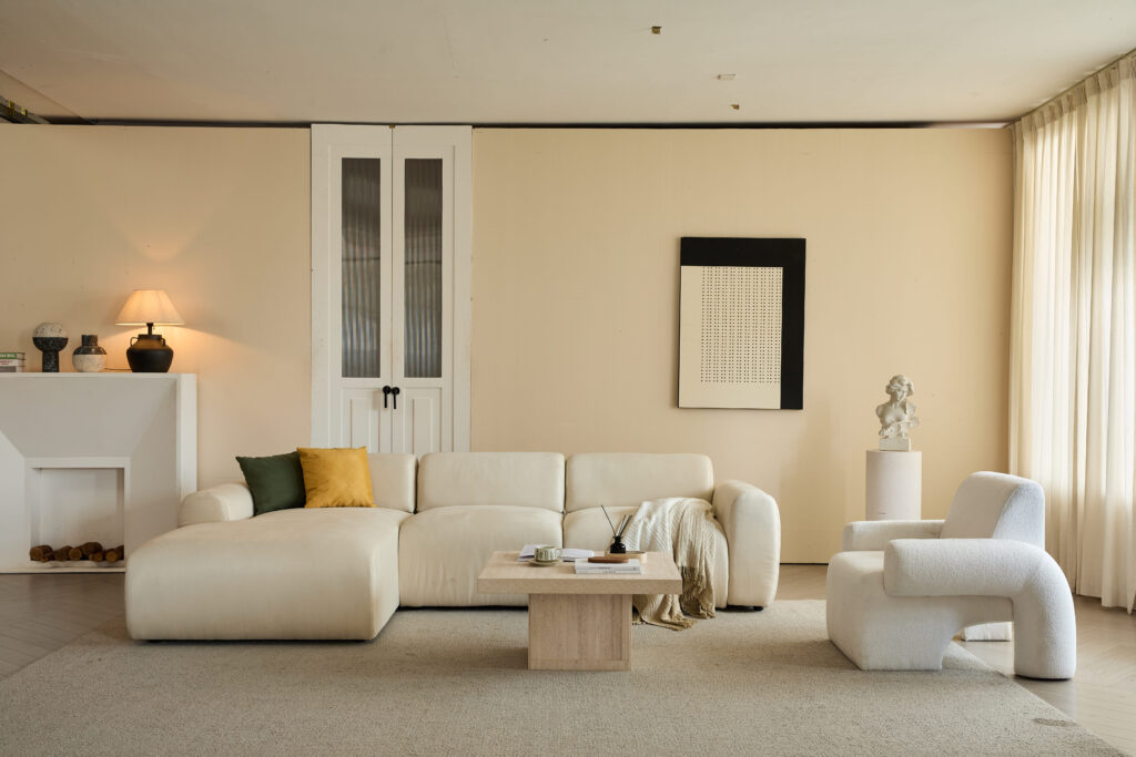L-Shaped Sectional Sofa - Beige Cloud Sofa, Fixed Chaise Lounge, Oversized Deep Seat Couch