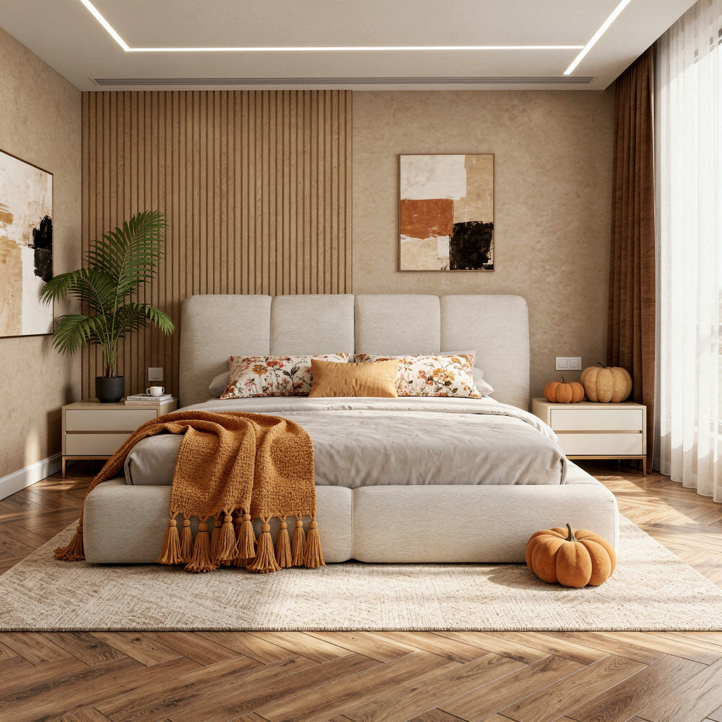Vertical-Stripe Textured Upholstered Platform Bed with 4-Panel Headboard - Queen & King Size Options