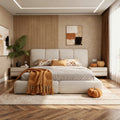 Vertical-Stripe Textured Upholstered Platform Bed with 4-Panel Headboard - Queen & King Size Options