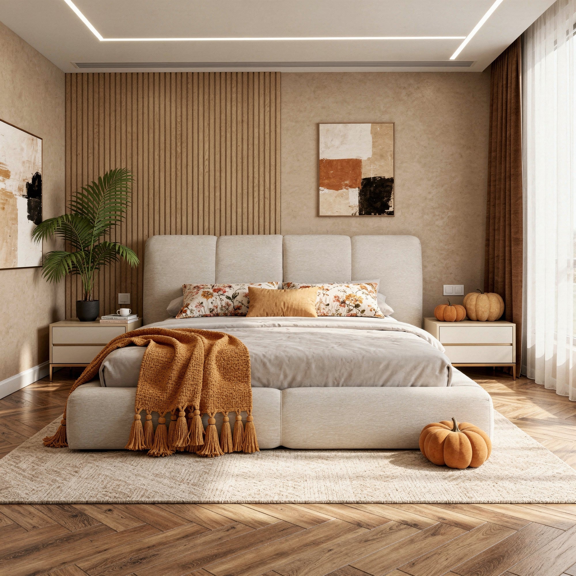 Vertical-Stripe Textured Upholstered Platform Bed with 4-Panel Headboard - Queen & King Size Options