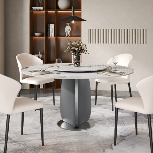 2 Sizes & 3 Colors Round Sintered Stone Dining Table – Optional Rotating Lazy Susan, Polished Gray Stainless Steel Pedestal Base, Marble Pattern Tabletop for Home Kitchen & Dining Room