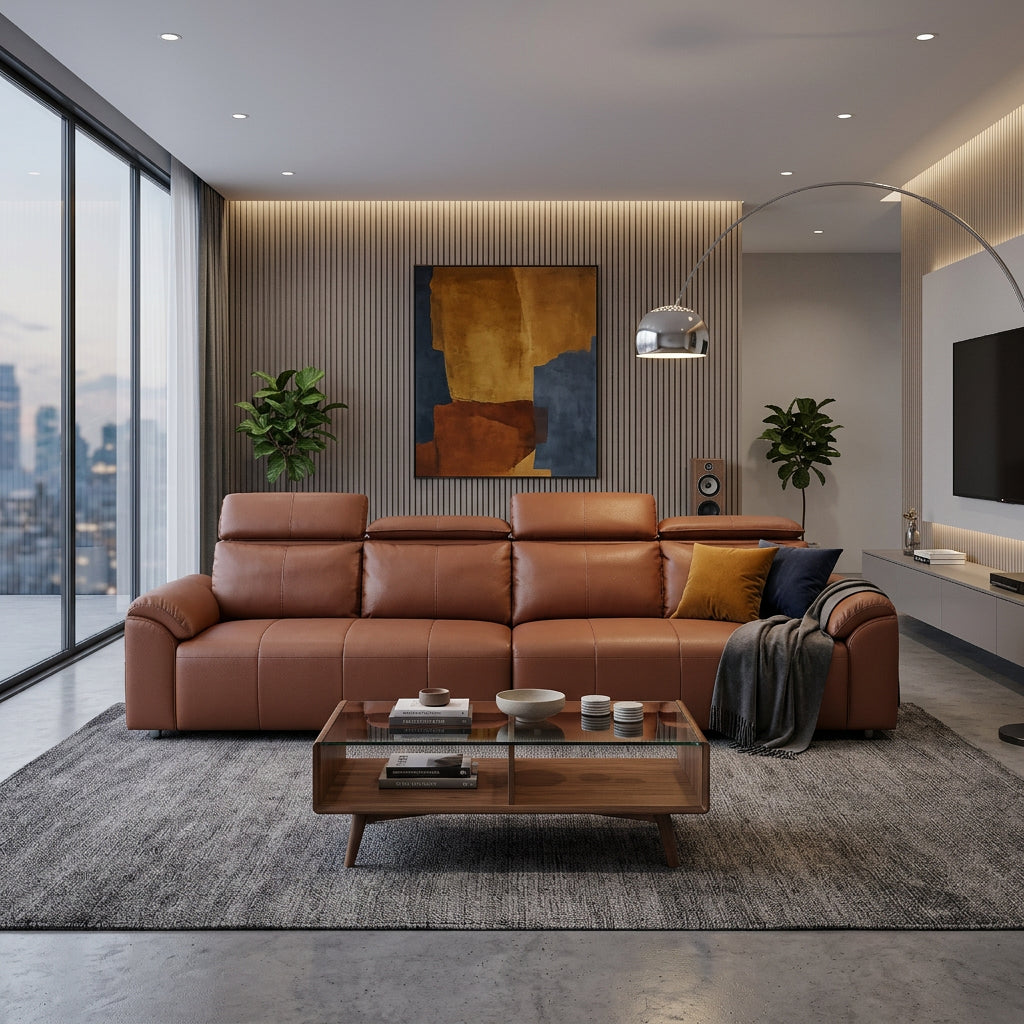 4-Seater Vegan Leather Sofa with Adjustable Headrests & Side Pocket Storage
