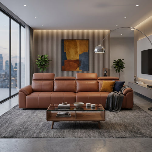4-Seater Vegan Leather Sofa with Adjustable Headrests & Side Pocket Storage