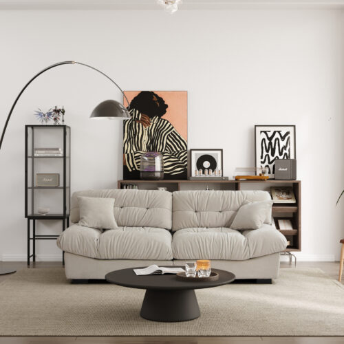 Puff-Style Cushioned Modular Sofa – Soft Velvet Fabric + 3D Quilting, Retro Relaxed Vibe Living Room Sofa