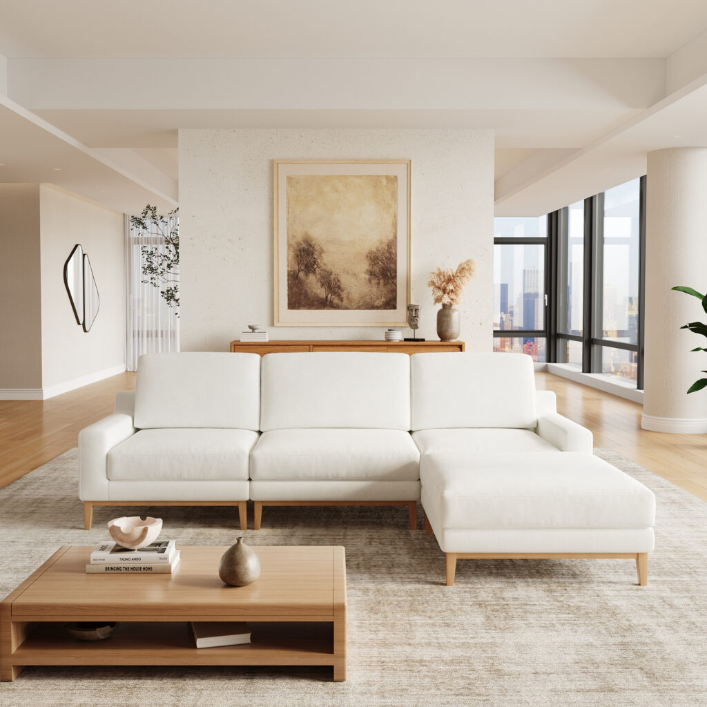 L-Shaped Linen-Look Sectional Sofa with Solid Wood Legs, Modular Chaise Couch for Living Room